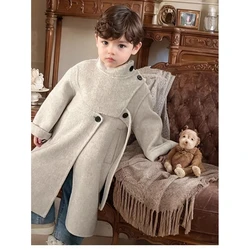 Winter Autumn Boys Girls Long Fashion Cotton Woolen Coat Baby Kids Princess Korean Style Thickened Bow Coat Children Warm Jacket