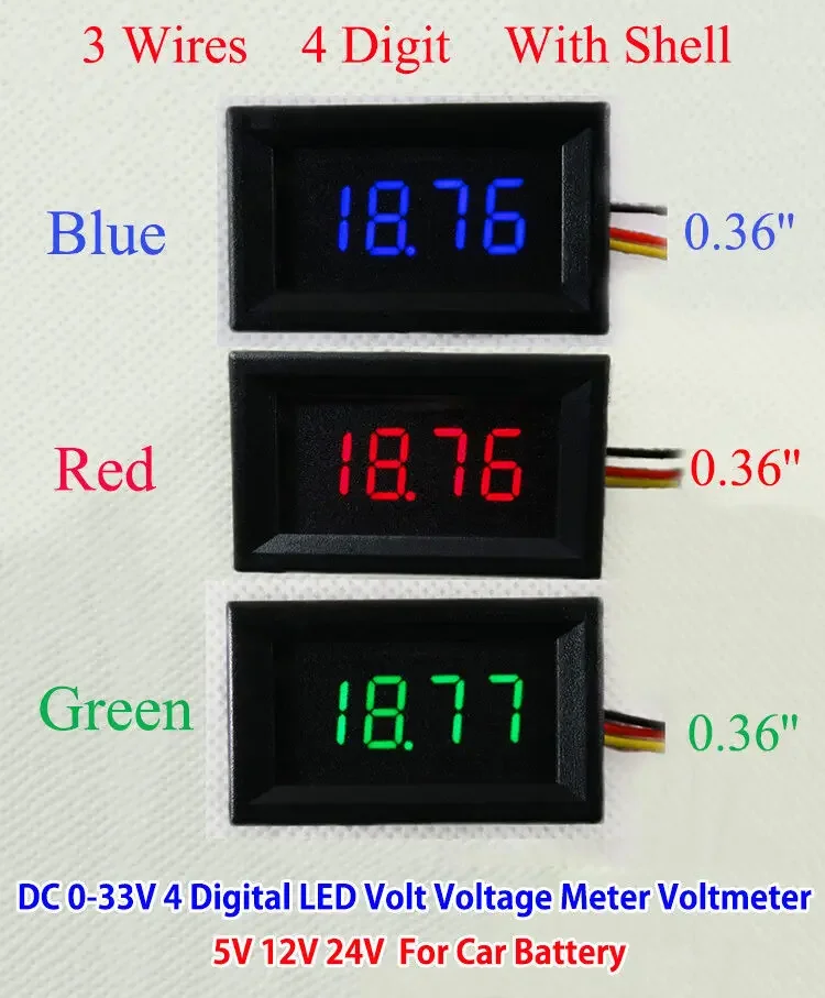 4-digit 3-wires DC 0-33V Digital Voltmeter Voltage Panel Meter With Shell 5V 12V 24V For Car Battery