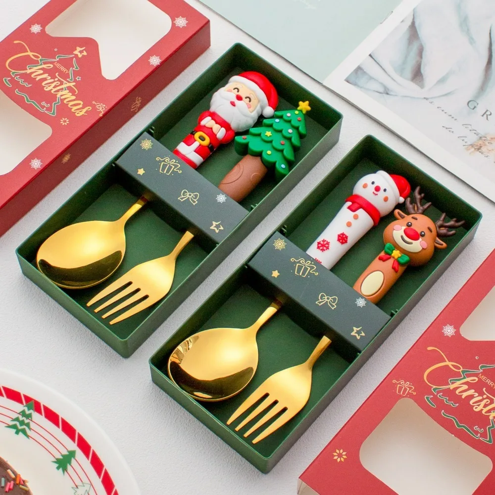 Christmas Party Spoon and Fork Set (2/4Pieces), Stainless Steel Creative Cutlery Set Gold Spoon Fork Decorative Tableware Gifts