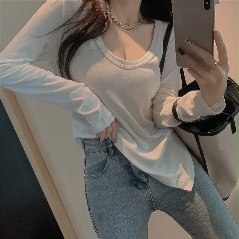 Women Autumn Slim-Fit Low-Neck Long-Sleeve T-Shirt Student Girl Top Woman Casual Street Dance Sports Top Slim-Fit Ladies Shirt