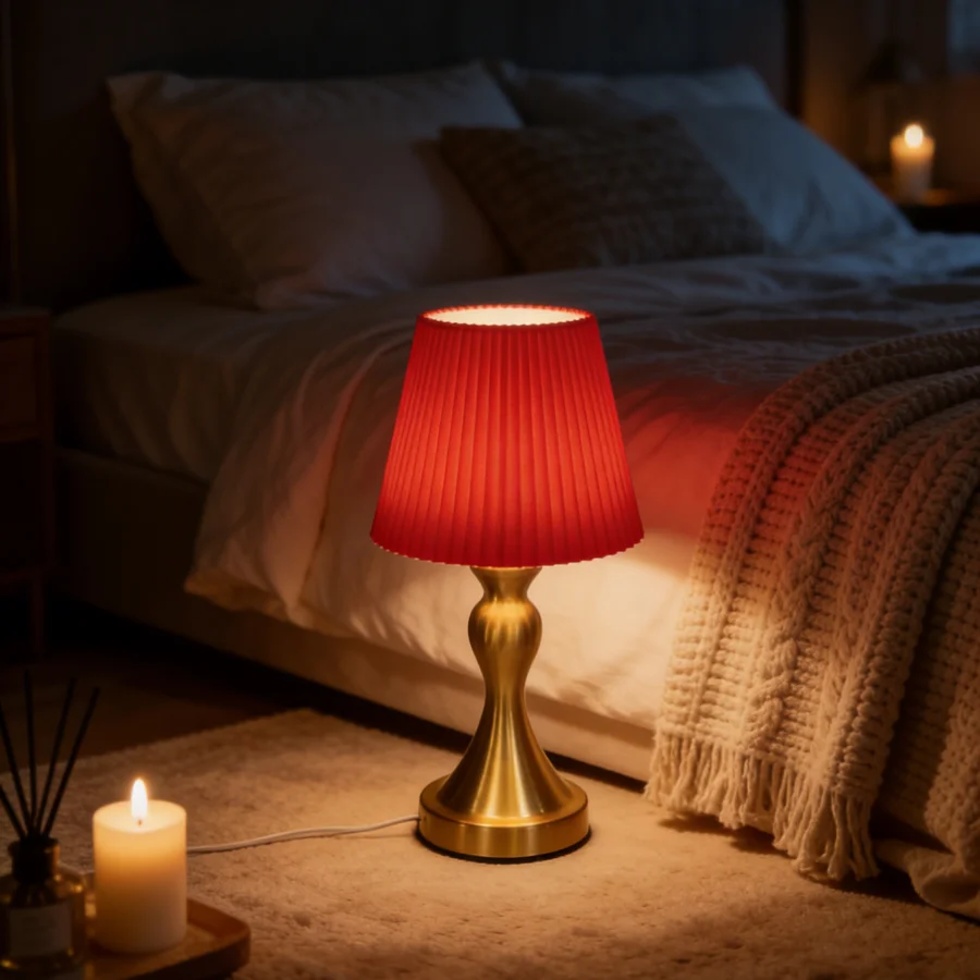 1PC Orange Pleated Fabric Table Lamp, USB Powered Brass Base Night Light, Compact Modern Decor Lamp for Home