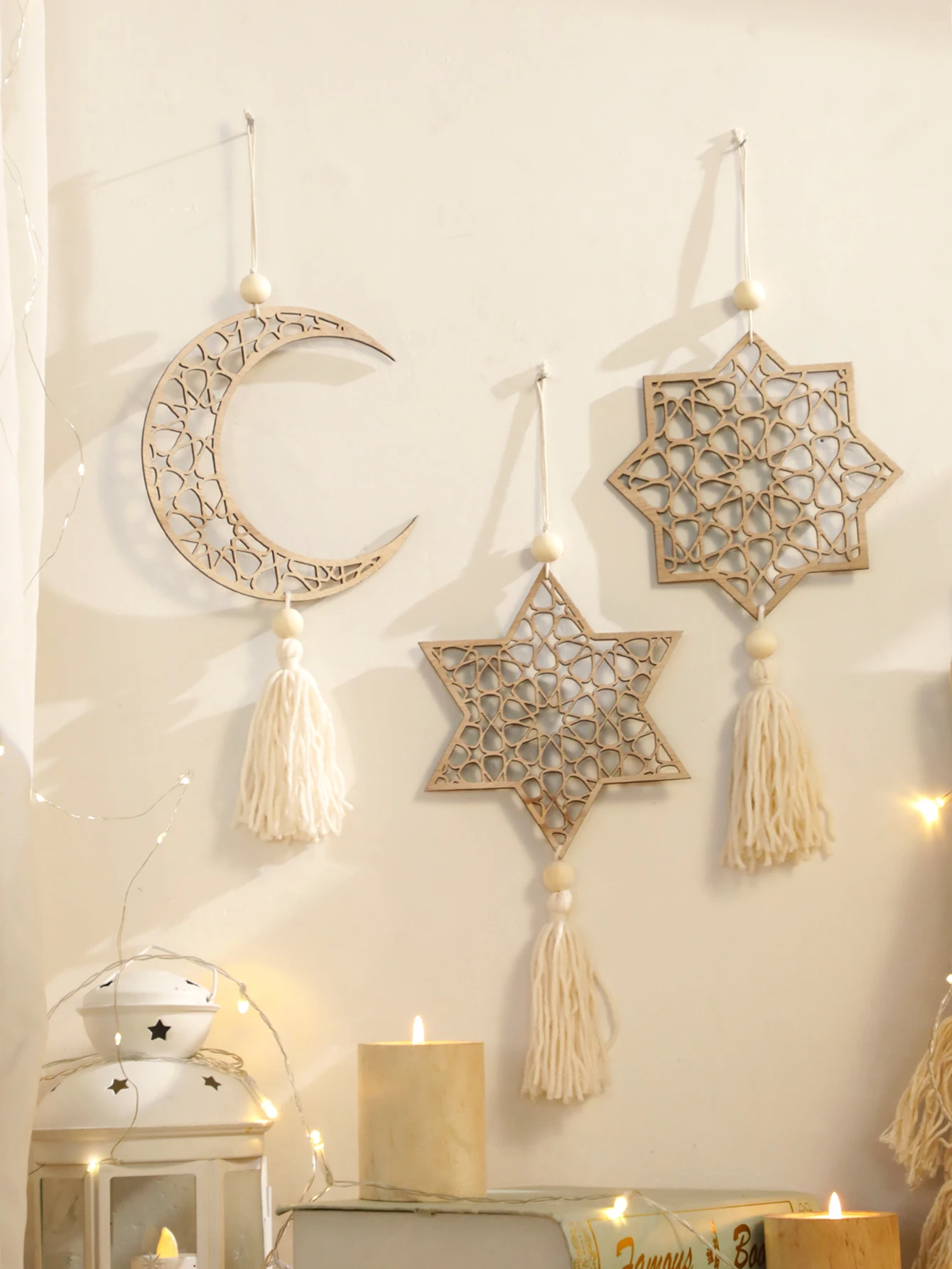 Ornements suspendus en bois pour Ramadan avec glands, décor musulman Eid Mubarak, Kareem du Ramadan, ornements de lune kaki, cadeau artisanal, 1/3 pièces