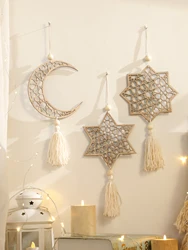 1/3Pcs Wooden Ramadan Hanging Ornaments With Tassels ,Eid Mubarak muslim decor Ramadan KareemïžKhaki Moon Ornaments Crafts Gift