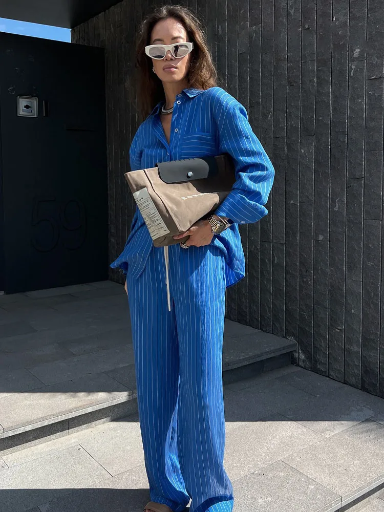 HH レディース ストライプ柄パンツスーツ ファッション ラペル 長袖 ポケット付き シングルブレストブラウス+サマーパジャマ風 ドローストリングパンツ