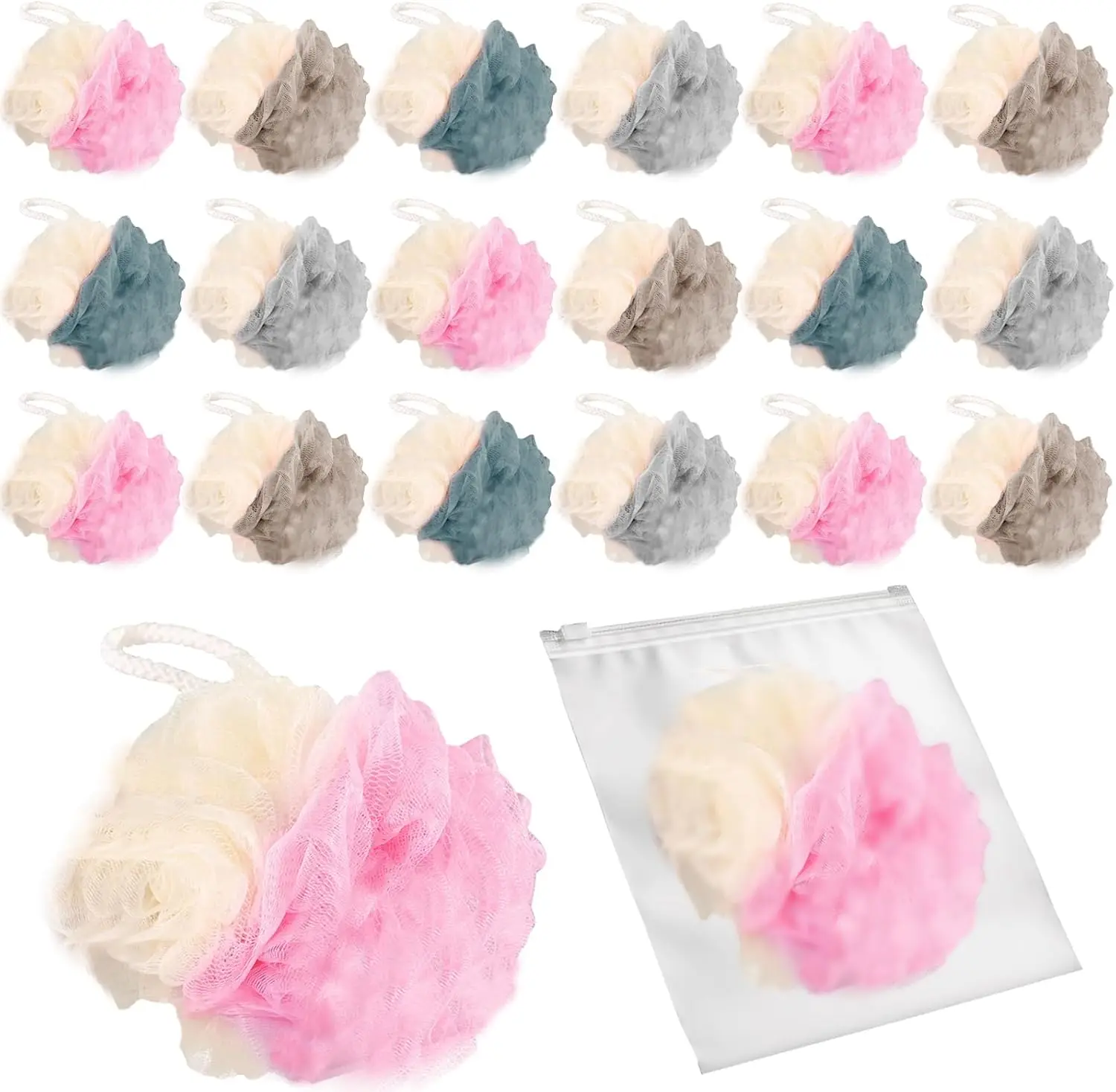 

20 Pack Travel Loofah Individually Wrapped, Small Shower Puff, 30g Mini Bath Sponge Pouf Ball Body Sponges Multicolor