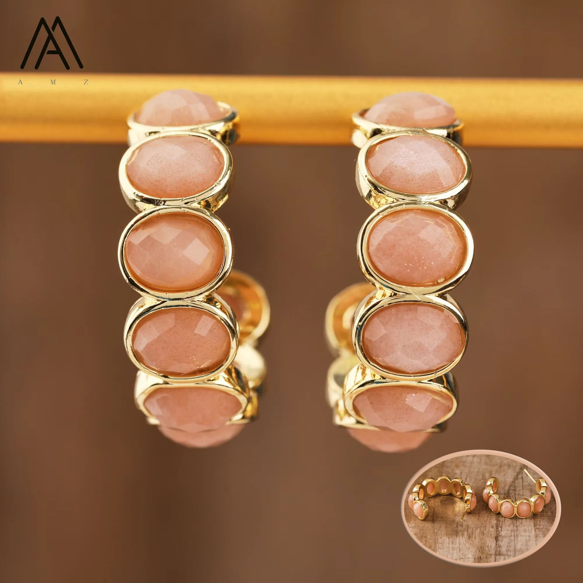 

Geometric Multi-Layer Circular Earrings Natural Rose Quartz Sunstone Pendant Earring Women Jewelry Banquet Travel Accessory