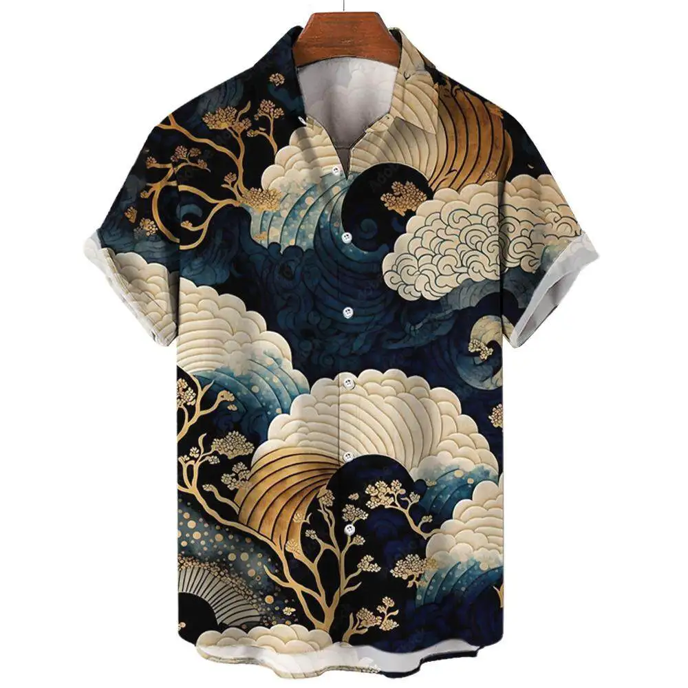 Summer Fashion Sutra of Mountains and Seas Ukiyoe Wave Print Men\'s Short Sleeve Shirts Casual Daily Street Trend Tops Oversized