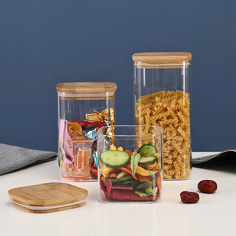 Square Mason Jar with bamboo Cover For Spices Glass Container Glass Jars With Lids Cookie Jar Kitchen Jars And Lids Wholesale