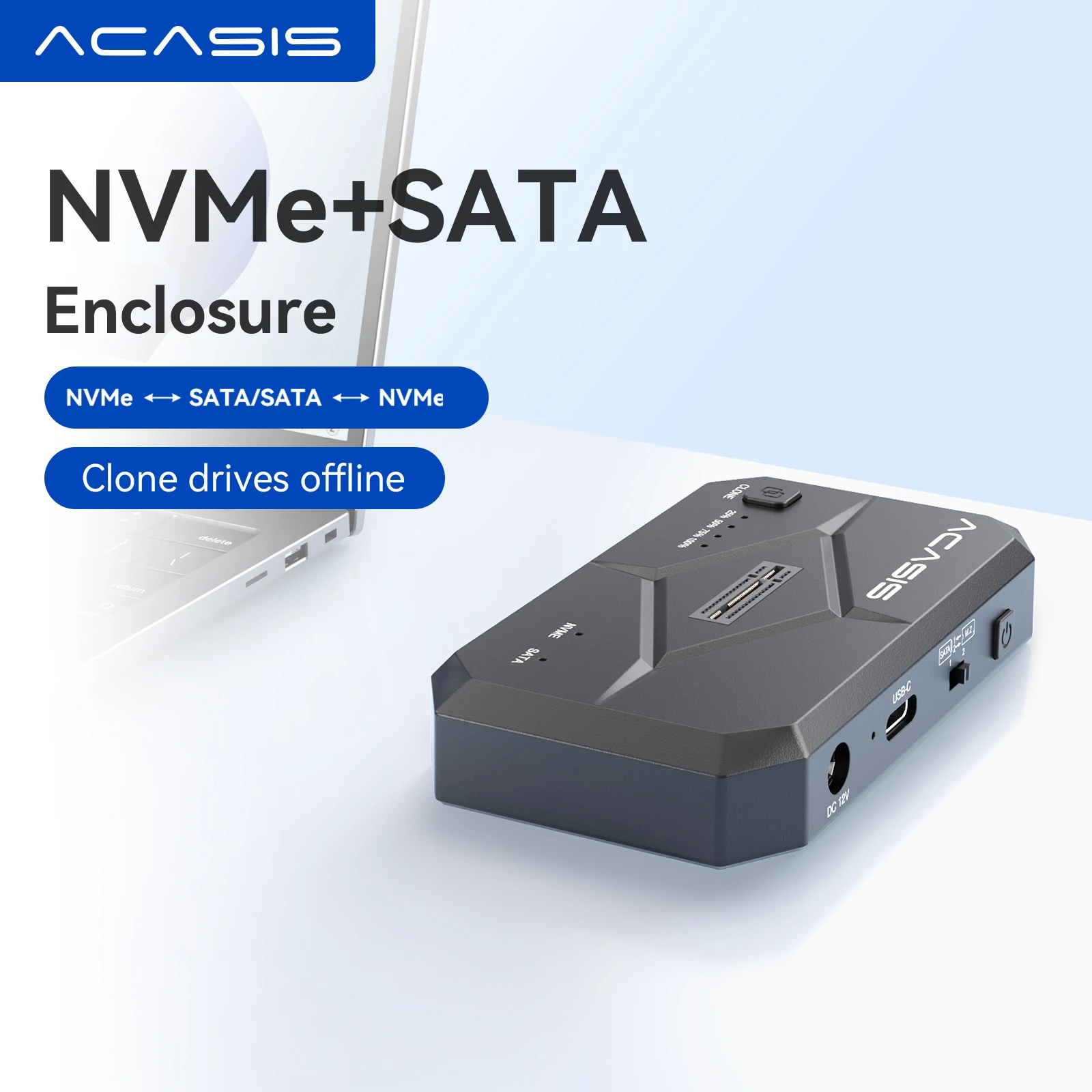 ACASIS USB-C Dual-Bay Hard Drive Enclosure 10Gbps M.2 NVMe & SATA Clone, 1xM.2 8TB+1xSATA 30TB, Offline Copy(Tool-free)