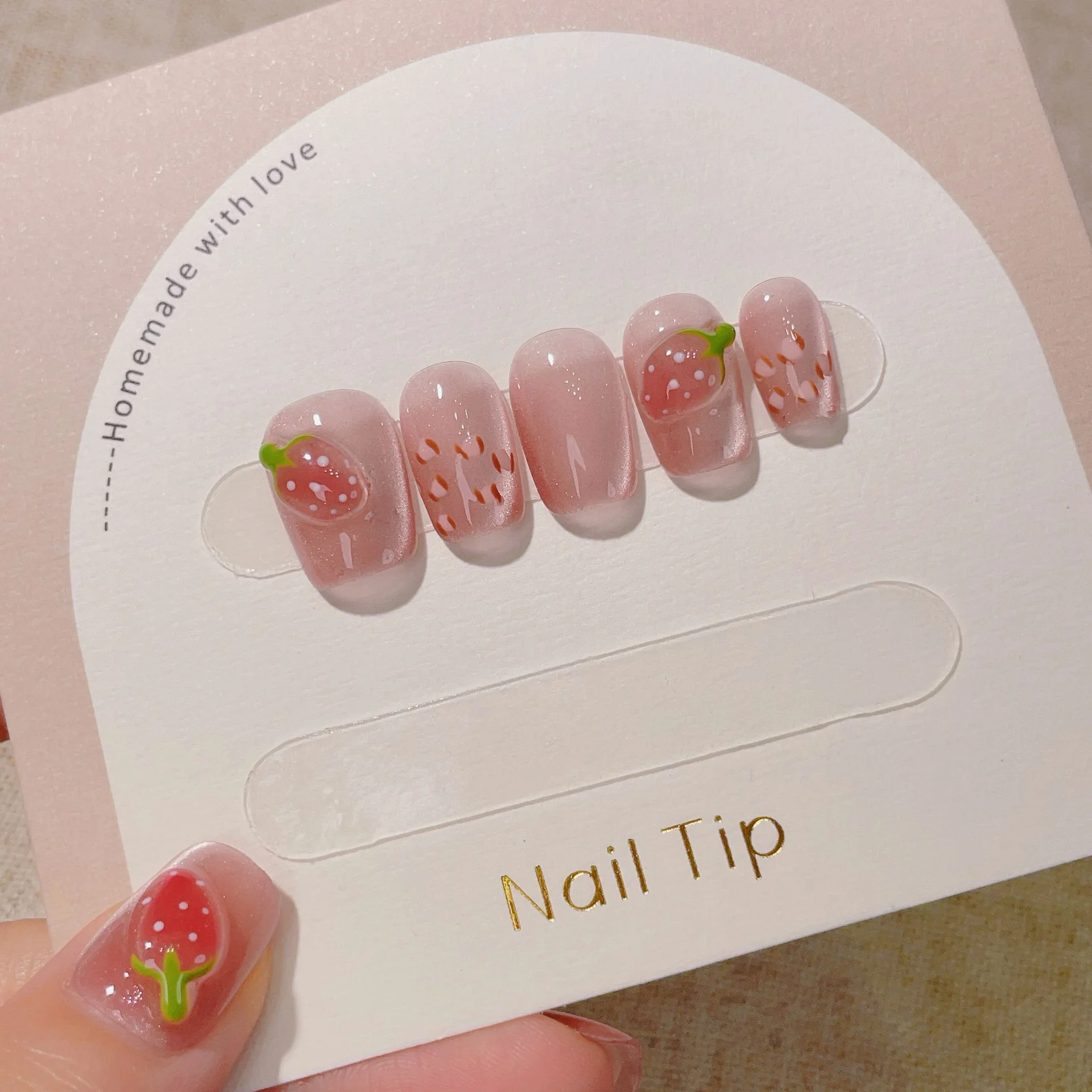 

10Pcs Pink Blush Short Handmade Press on Nails Full Cover 3D Strawberry Cat Eye Design Cute Sweet Style Removable Nail Art Tools
