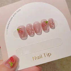 10Pcs Handmade Press on Nails Hand-painted False Nails Strawberry Design Autumn Acrylic French Short Ballet Wearable Manicure