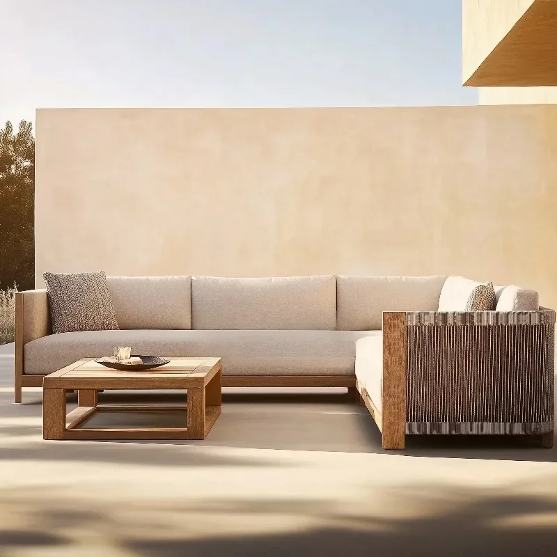 Modern Luxury Outdoor Dining Furniture Set Weathering Solid Teak Rattan Rope Farmhouse Park Apartment