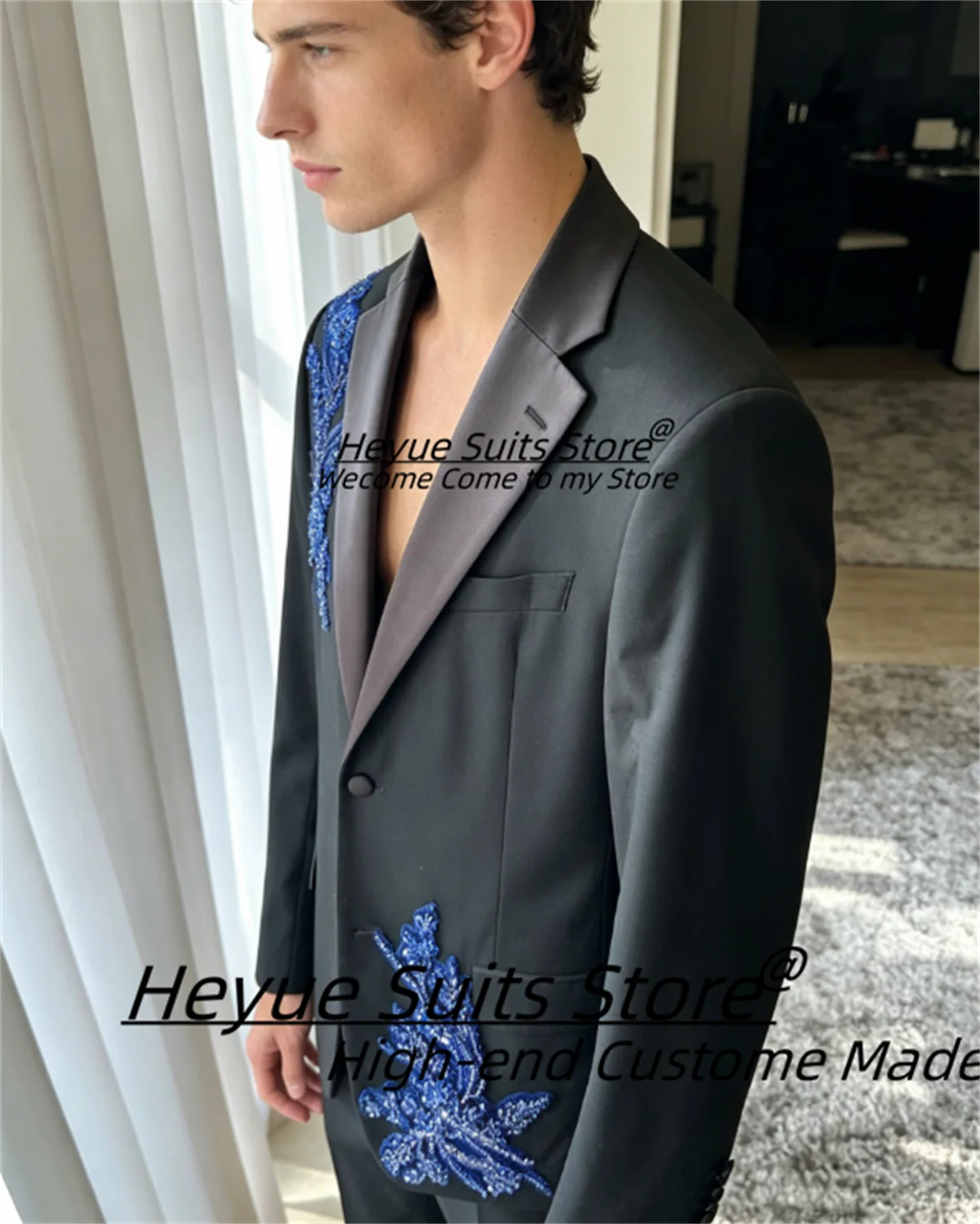 Gorgeous Crystal Diamond Groom Wedding Tuxedos Customized Slim Fit Notched Lapel Men Suits 2 Pieces Sets Male Formal Blazers