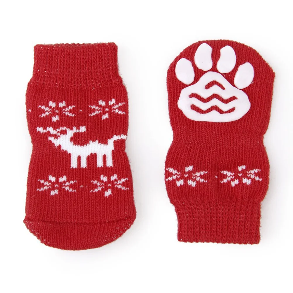 

4Pcs Cat Dog Socks Cotton Rubber Bottom Anti Slip for Safe Walking Red Design Size S Pet Footwear Winter Outdoor Use