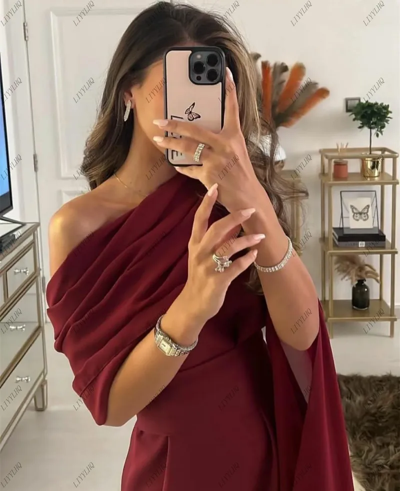 LIYYLHQ Burgundy One Shoulder Evening Dresses With Feathers Saudi Arabia Women Mermaid Pleated Formal Prom Dress Robe de soirée