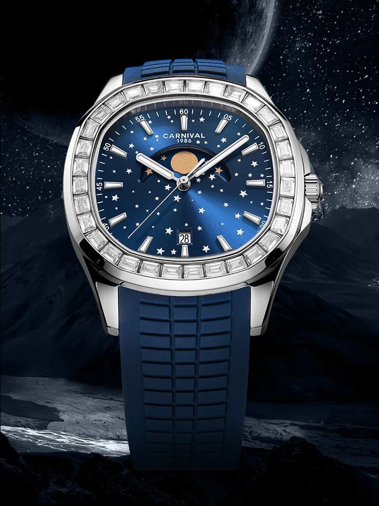 Switzerland Ronda Quartz Carnival Watch for Men Sapphire HD Luminous Moonphase Luxury Watches Silicone relógios masculino Montre