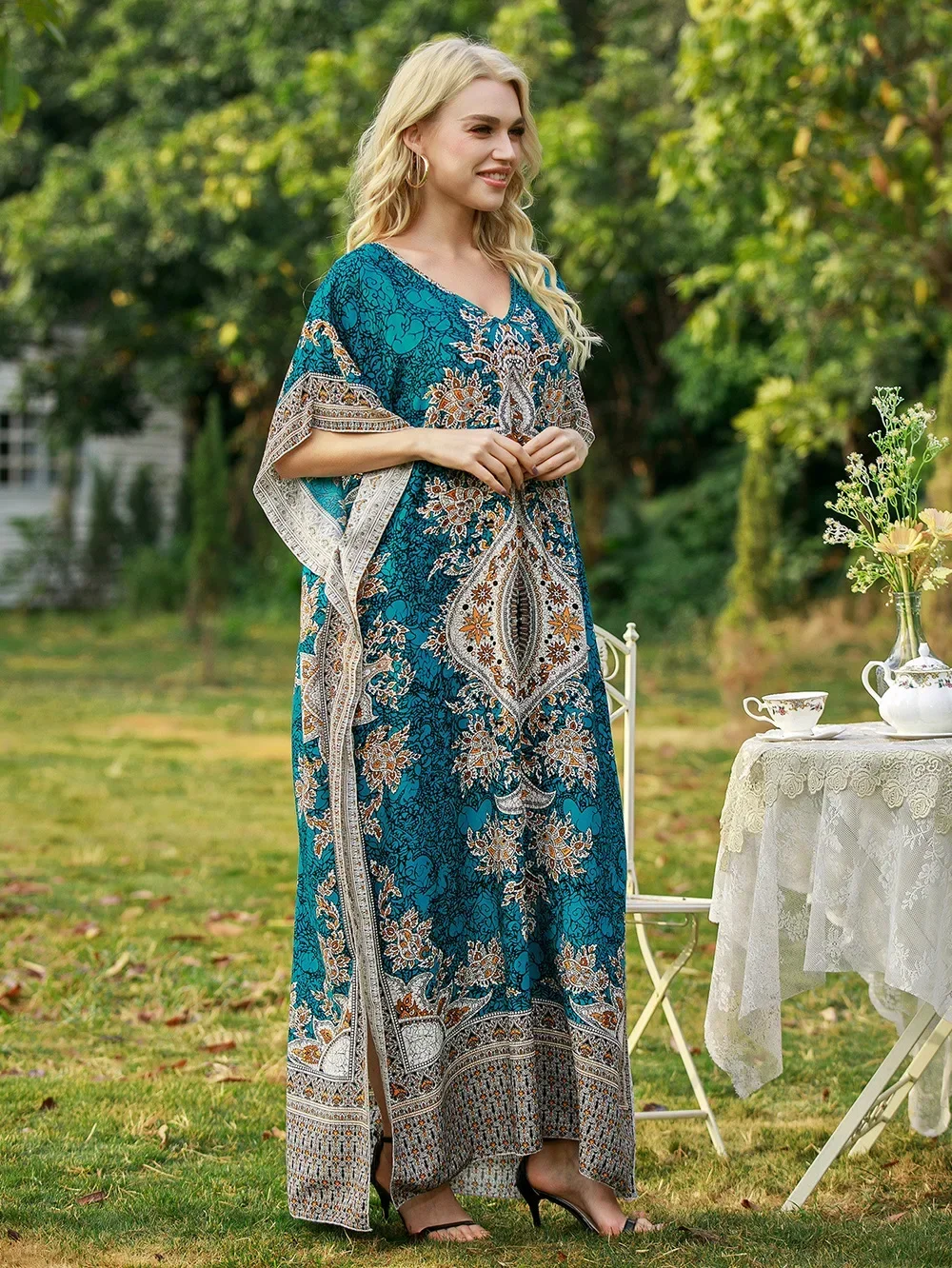 Bohemian V-neck Short Sleeve Beach Smock Dress Women 2025 Summer Loose Casual Sunscreen Print Boho Long Dresses For Women