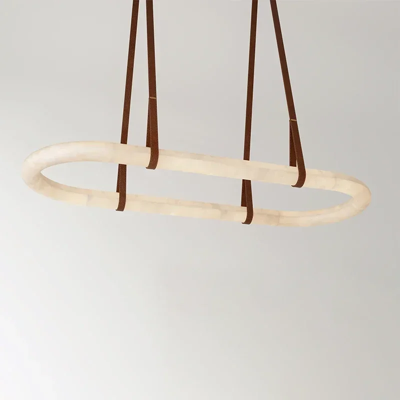 

Luxury Leather Chandelier Marble Circle Kitchen Living Room Creative Art Alabaster Ring Hanging Lamp Personality Pendant Light