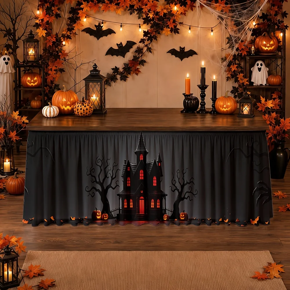 Tablecloth / Gothic horror haunted house - Night with bare trees, pumpkin lanterns, Halloween - Autumn party decorationxzj