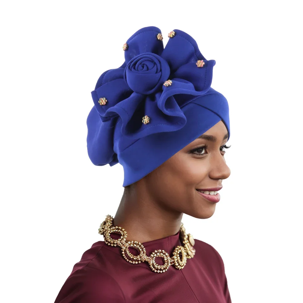 

2025 Trendy Women Big Flower Turban Hat Fashion Muslim Hijab Caps Beads Head Wrap Bonnet Bandana Chemo Cap African Headties Hats