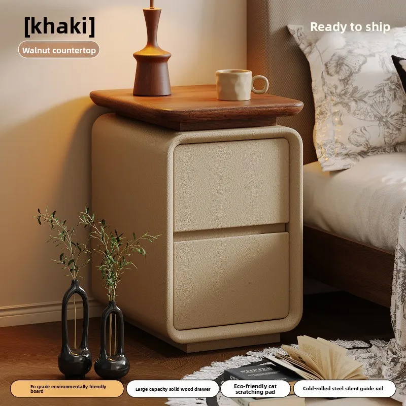 Solid Wood Nightstand Cream Style Mid-Century Natural Wood Bedside Table Small Mini Storage Cabinet for Bedroom Home New Premium