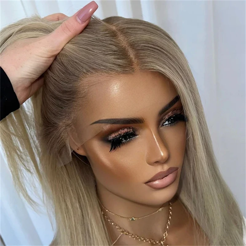 Glueless High Quality Wig Ombre Light Ash Blonde Synthetic HD Lace Front Wig with Roots Preplucked Hairline Free Part Wig 16''