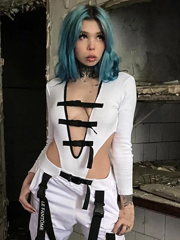 AltGoth Sexy Cyber Punk Bodysuit Women Dark Gothic Streetwear Bag Buckle Hollow Out Long Sleeve Romper Y2k Emo Alt Rave Outfits