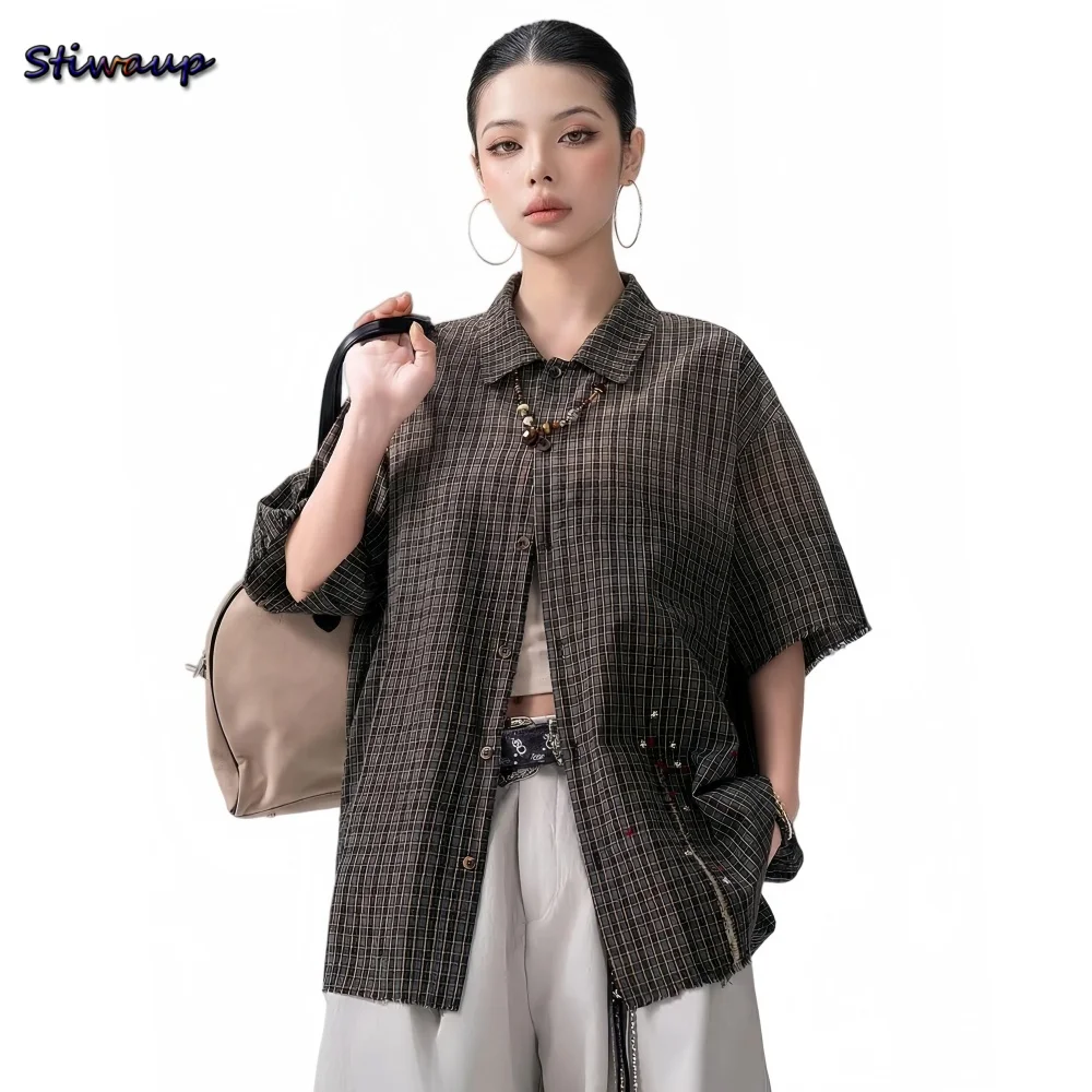 

Women's Blouses and Shirts Vintage Check Gradient Short Sleeve Women's Plaid Shirt Star Embroidery Unisex Loose Fit Women's Tops