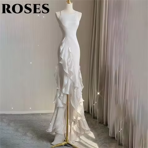 ROSES White Mermaid Evening Dress Chiffion Sleeveless O-Neck Charming Prom Dresses Pleats Split Party Dress vestidos de noche