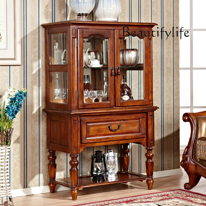 American Style Short Wine Cabinet Retro Pure Solid Wood Double Door Glass Sideboard Cabinet Simple Small Wine Cabinet