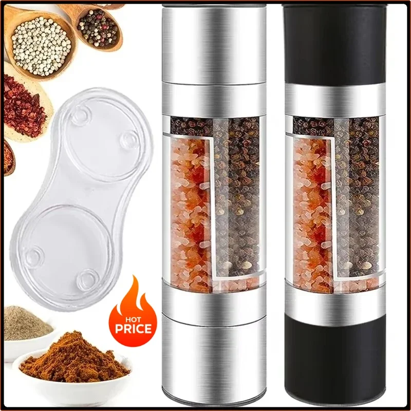 2 in 1 Salt Pepper Grinder Stainless Steel Manual Spice Mill Adjustable Ceramic Grinding Mechanism Kitchen Gadget