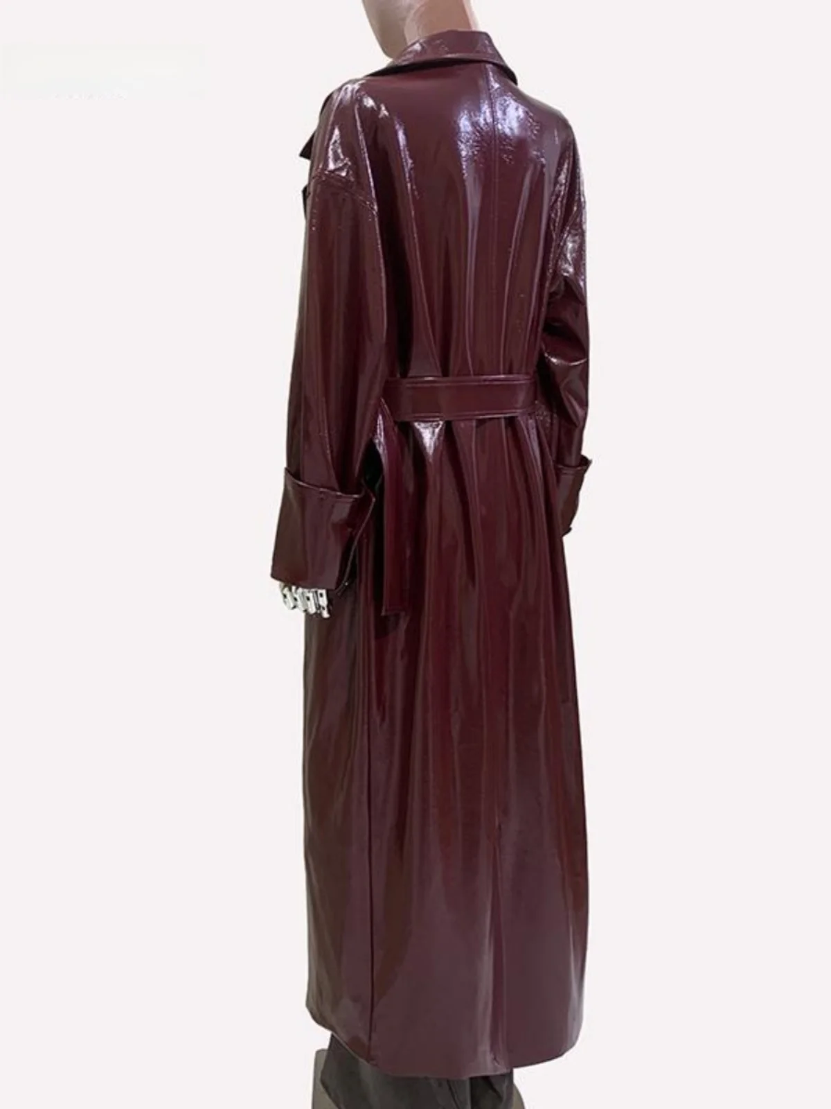 

Glossy Wine Red PU Leather Jacket Women's Loose Long Coat High Gloss Surface Texture Elegant European Style Windbreaker