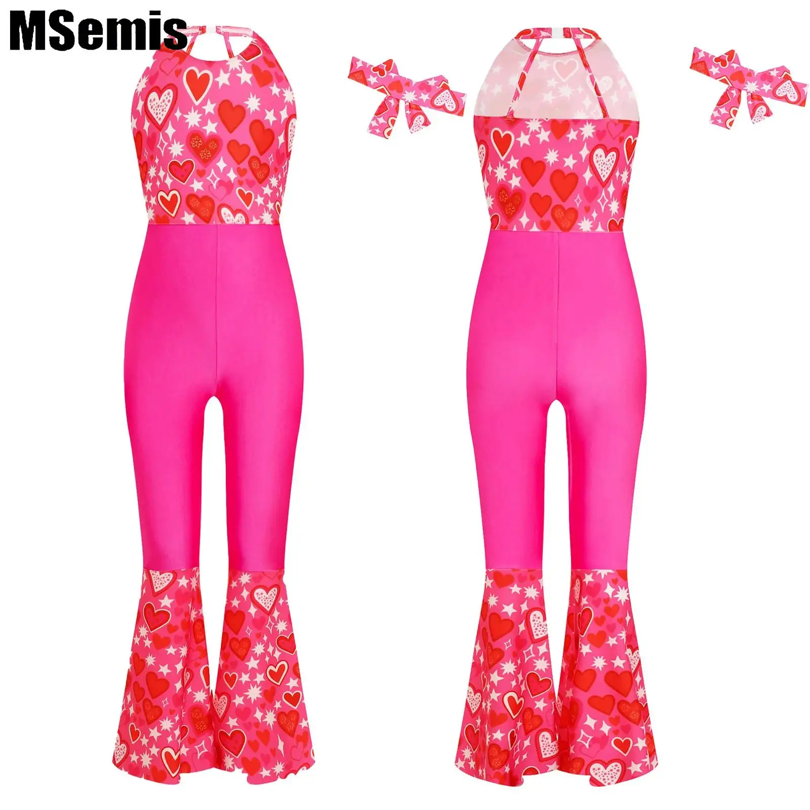 Big Girls Vintage Disco Jazz Dance Performance Costumes Printed Full Bodysuit Flare Pant Sleeveless Jumpsuit Hippie Clothes