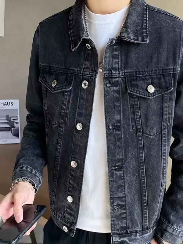 

Spring Autumn Hong Kong Sle Men's Denim Jaet Casual Loose Fit Long Sve Collarl Coat Korean Sle Faion Outerwear
