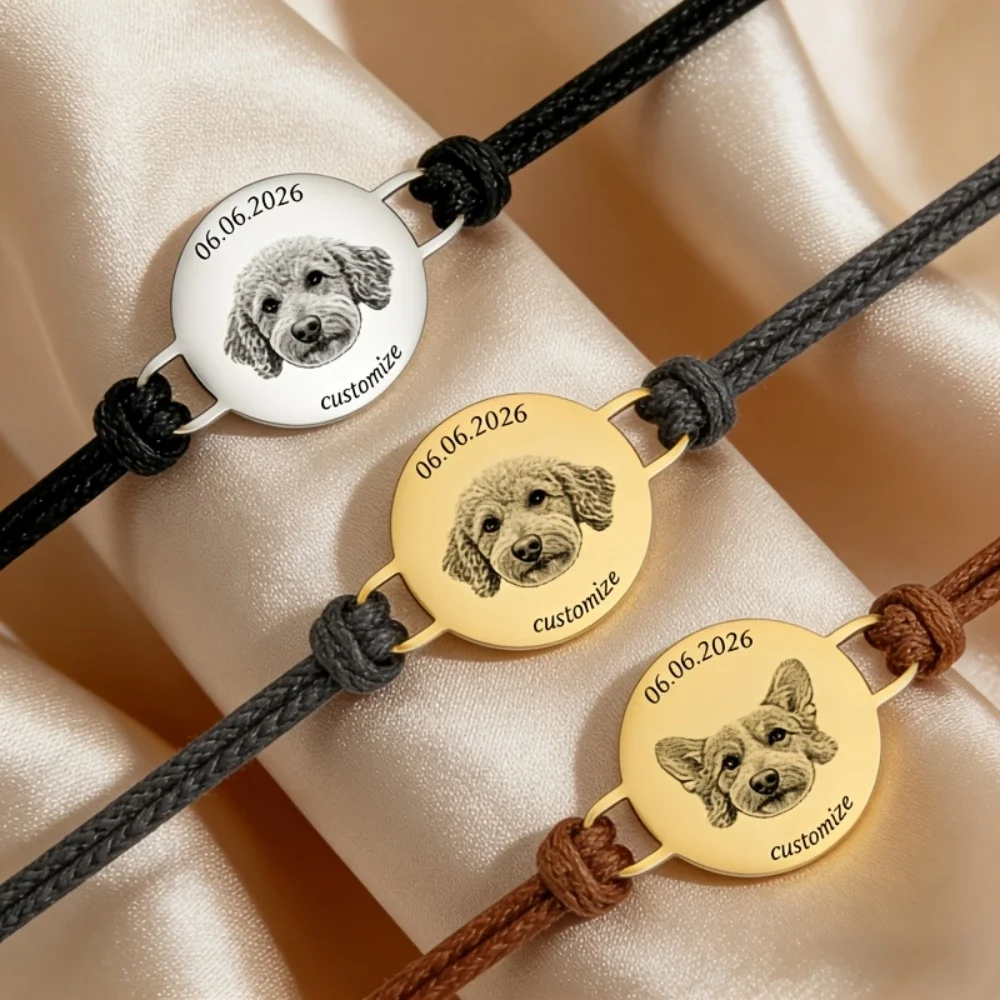 

Custom Pet Photo Stainless Steel Adjustable Bracelet Custom Dog Portrait Round Pendant Bracelet Personalized Pet keepsake Gifts