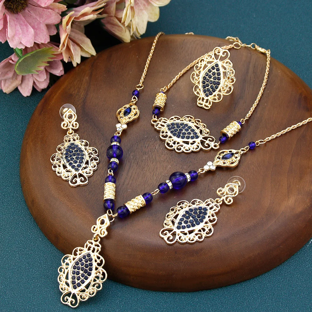 Neovisson Luxuriant Gold Color Bride Jewelry Sets Morocco Women Drop Earring Link Bracelet Beads Necklace Ring Fashion Jewelry