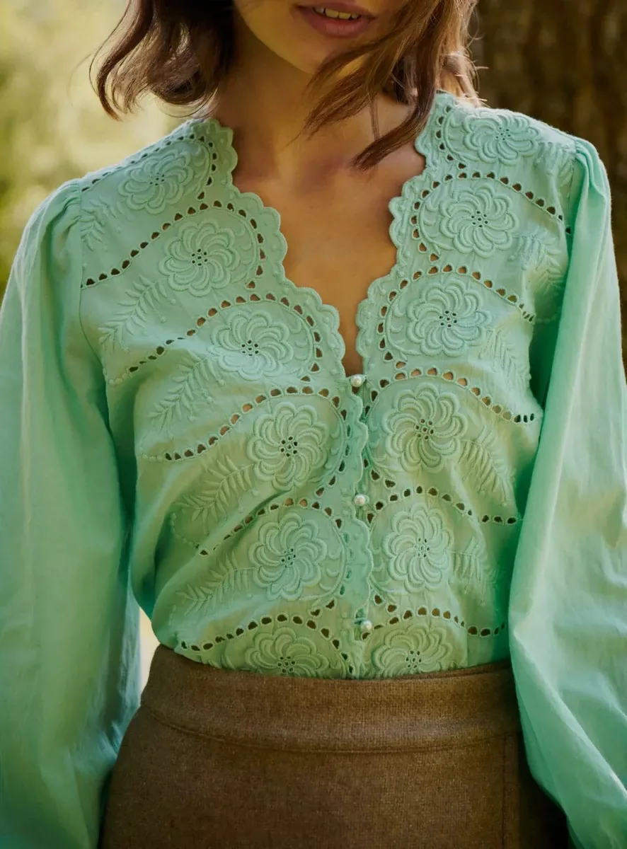 

Женская зеленая рубашка с вышивкой и v-образным вырезом, однобортная элегантная женская блузка с длинным рукавом, топы