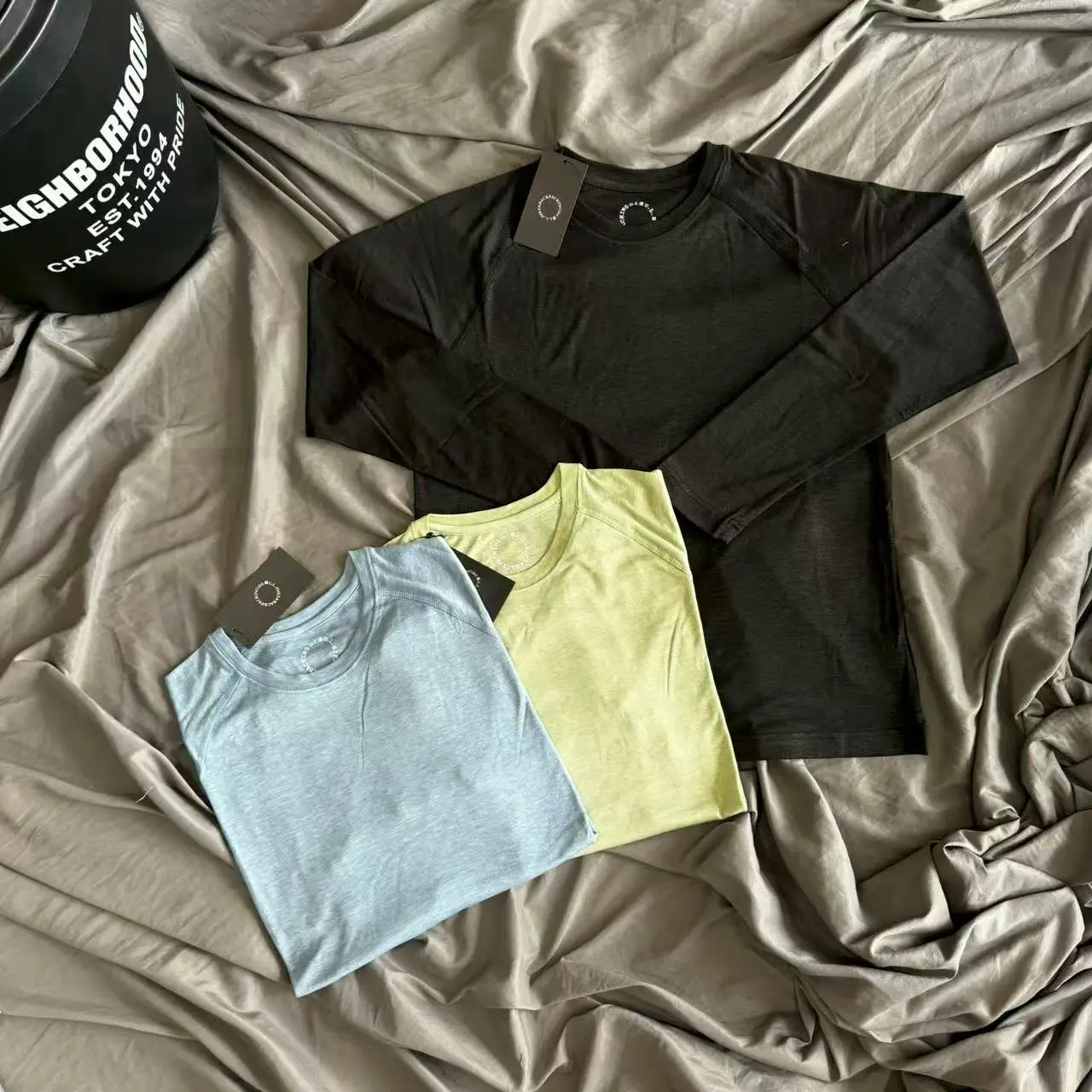 سريعة الجافة Yamatomichi Thinweght الصوف متماسكة طويلة الأكمام تي شيرت الرجال النساء أسود أزرق أخضر ملابس داخلية غير رسمية تي شيرت الملابس اليابان #2