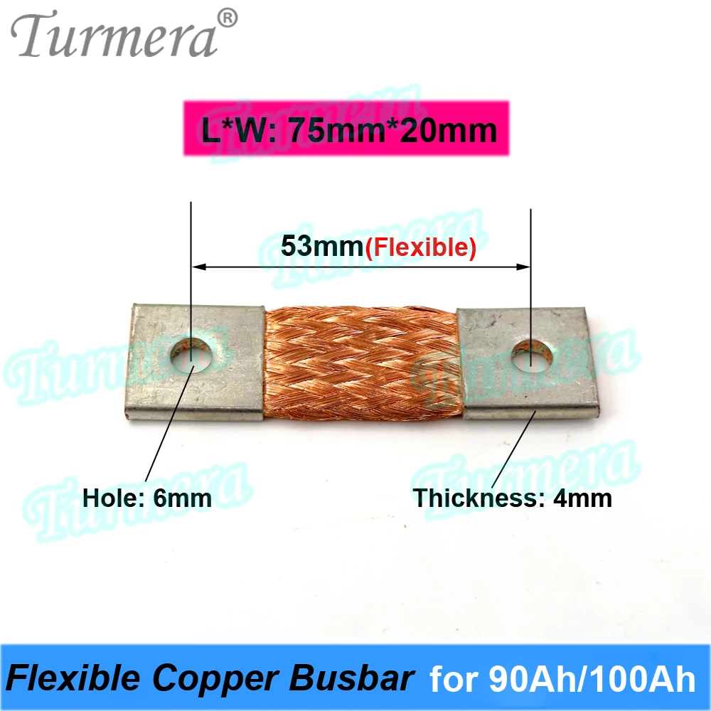 Turmera-Connecteur de barre omnibus en cuivre flexible, 12V, 24V, 48V, trou à trou, 53mm, 4mm, 400A, utilisation dans la batterie Lifepo4 100Ah Spring Ah 90Ah