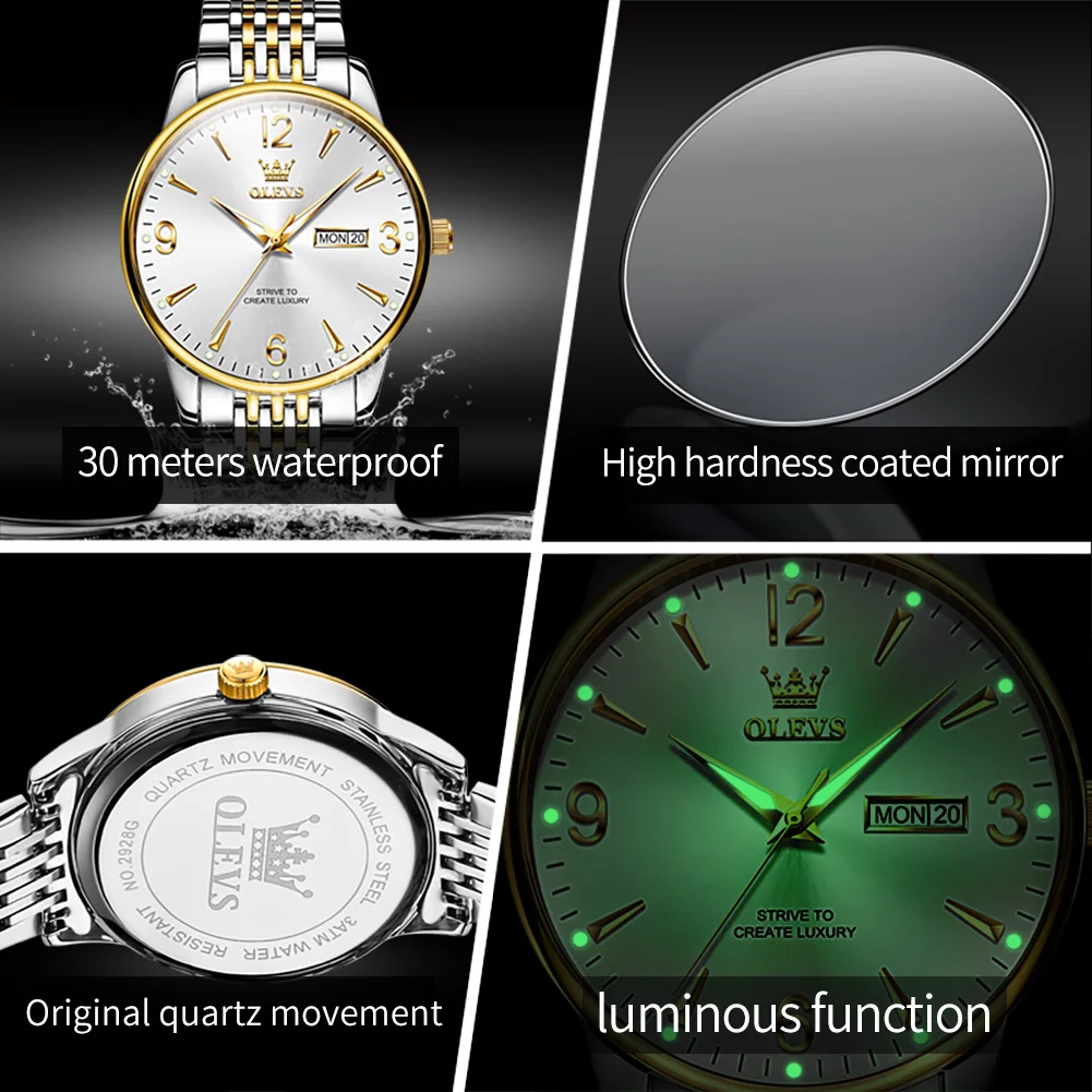 OLEVS 2928 Simple Quartz Dress Watch For Men Number Scale Waterproof Stainless Steel Man Watches Week Date Display Hand Clock