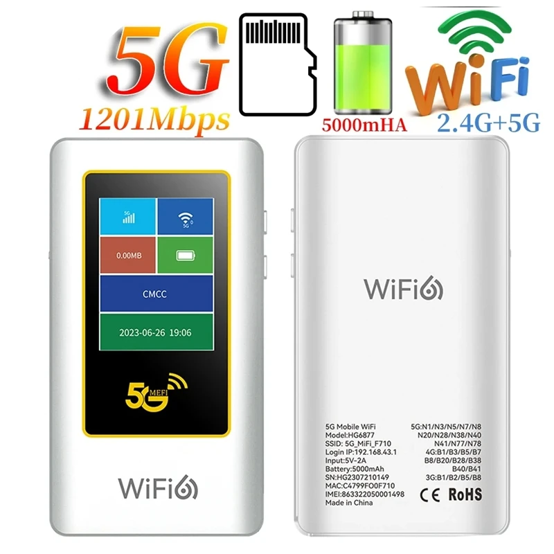 

Portable 5G Mobile Wi-Fi Router, Dual-Band 2.4G/5G With Wi-Fi 6, Fast Charge 5000Mah, Supports 16 Connections