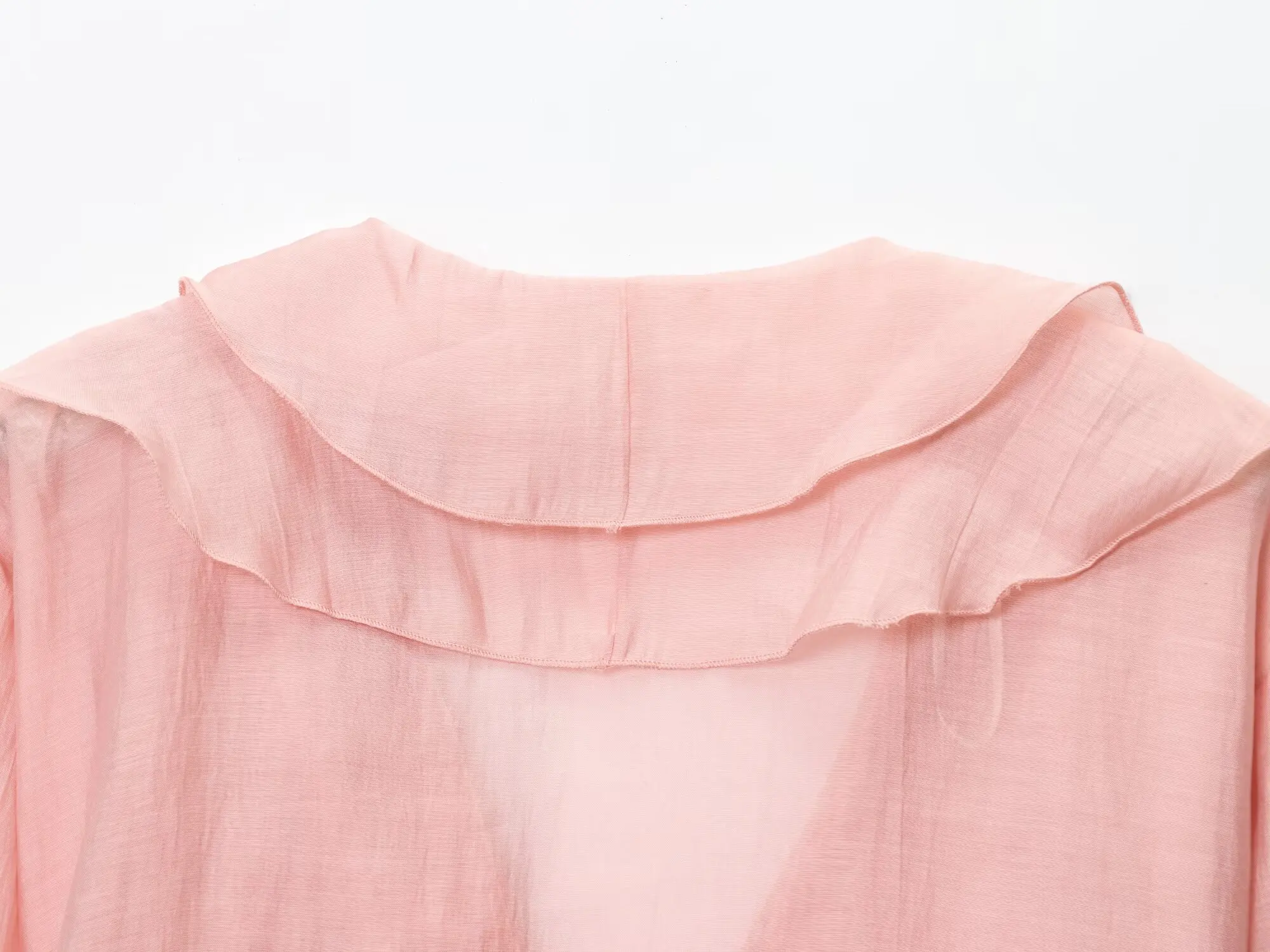 HH Französischer Stil Rosa Rüschenbesatz Bluse Damen V-Ausschnitt Knopfleiste Chiffon Elegant Sommer Urlaub Strand Business-Kleidung – Detail 11