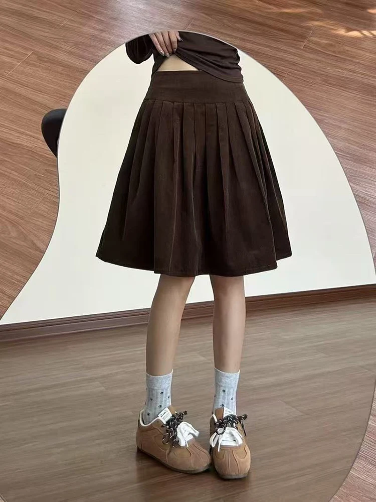 Winter Vintage Corduroy Skirt Women Y2K High Waist Streetwear Warm Loose Pleated Skirt Ladies Korean All Match Knee Length Skirt