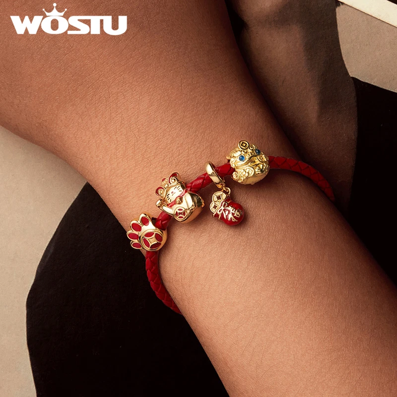 WOSTU 925 Sterling Silver Red Fortune Charms 18K Gold Lucky Pendant Cat Pawprint Beads Original for Women Bracelet New Year Gift