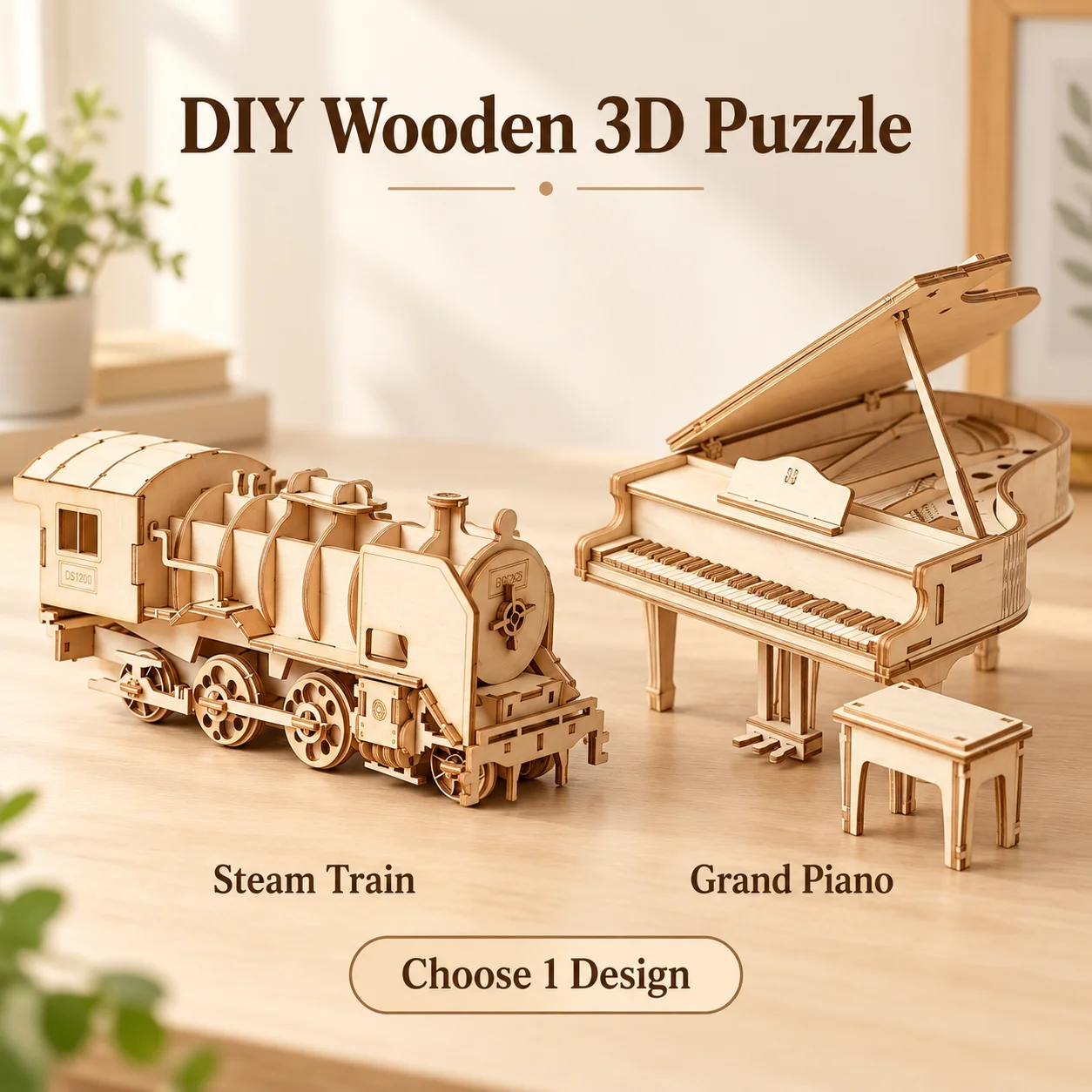 DIY 3D Wooden Puzzle Model Kit Steam Train or Grand Piano Handmade Assembly Craft Table Decoration Gift
