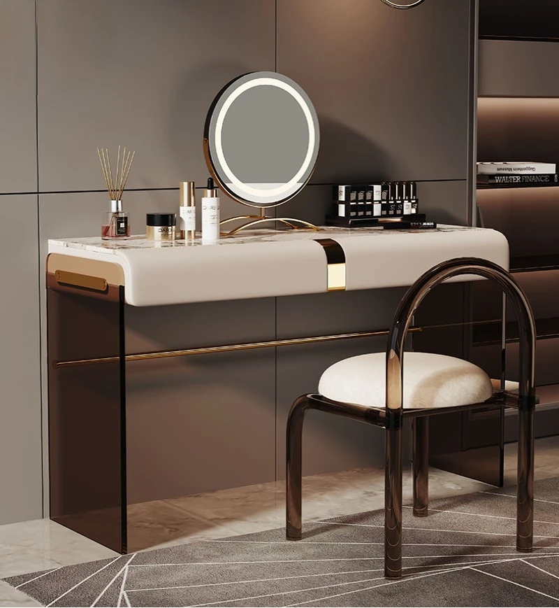 Acrylic dresser, modern luxury style, master bedroom, transparent makeup table, rock plate, high-end Internet celebrity designer