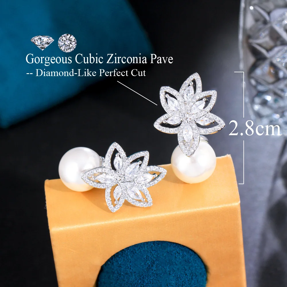 CWWZircons Noble Flower Leaf Shape Glittering Cubic Zirconia Pave Women Party Wedding Drop Pearl Earrings Accesories Gift  CZ525