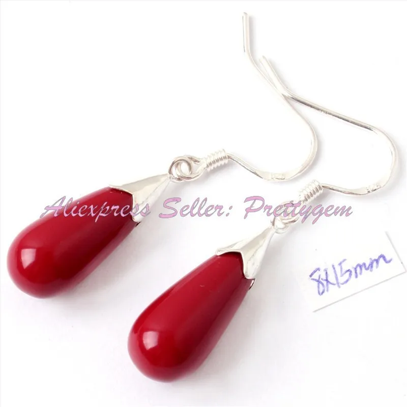 8x15mm Manmade Coral Red Olivary Shape Stone Tibetan Silver Hook Fashion Style Earrings For Woman Christmas Gift 1 Pair