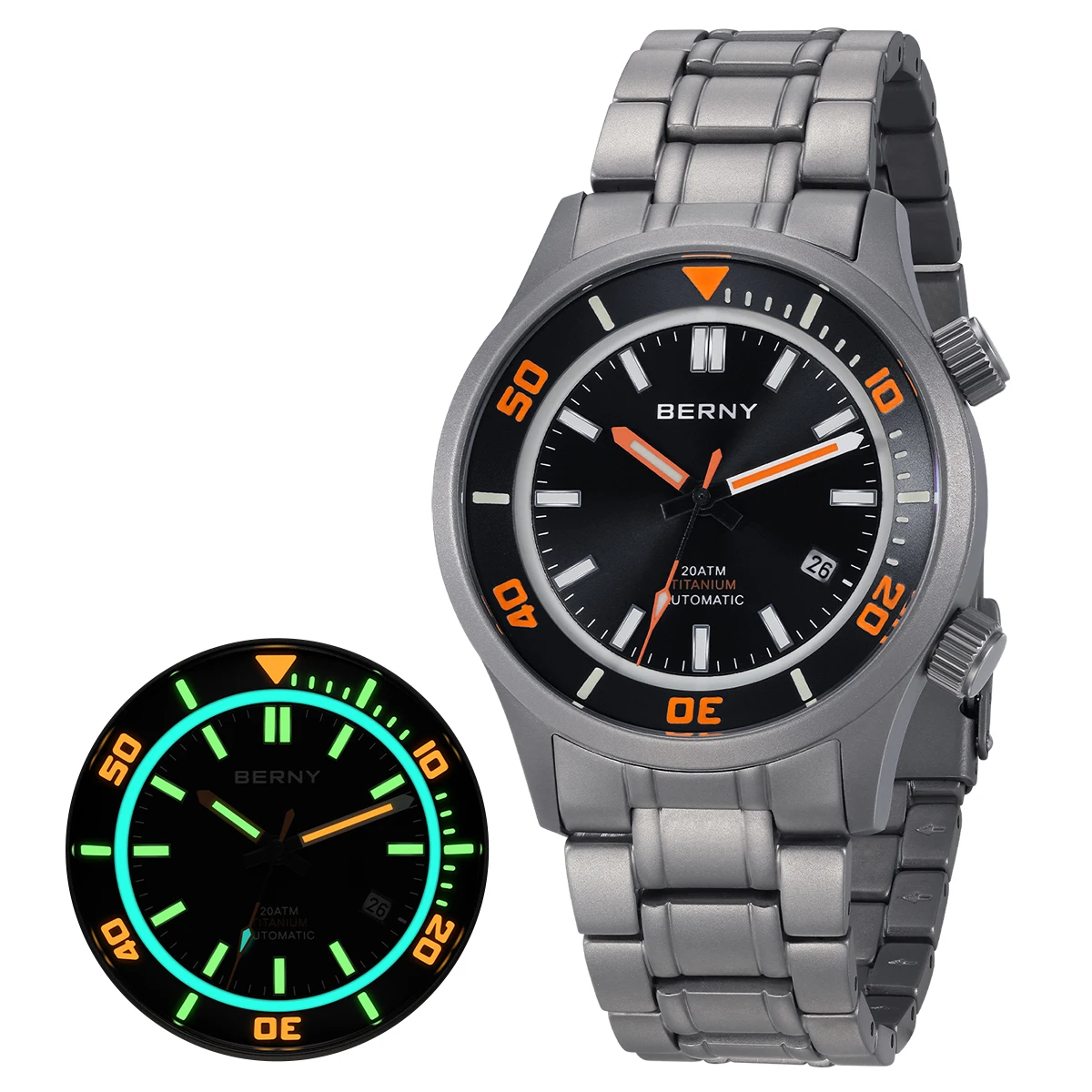 Relógio de mergulho automático de titânio BERNY para homens, super luminoso, com revestimento AR, Miyota 8215, 20ATM, relógios mecânicos de mergulho masculinos