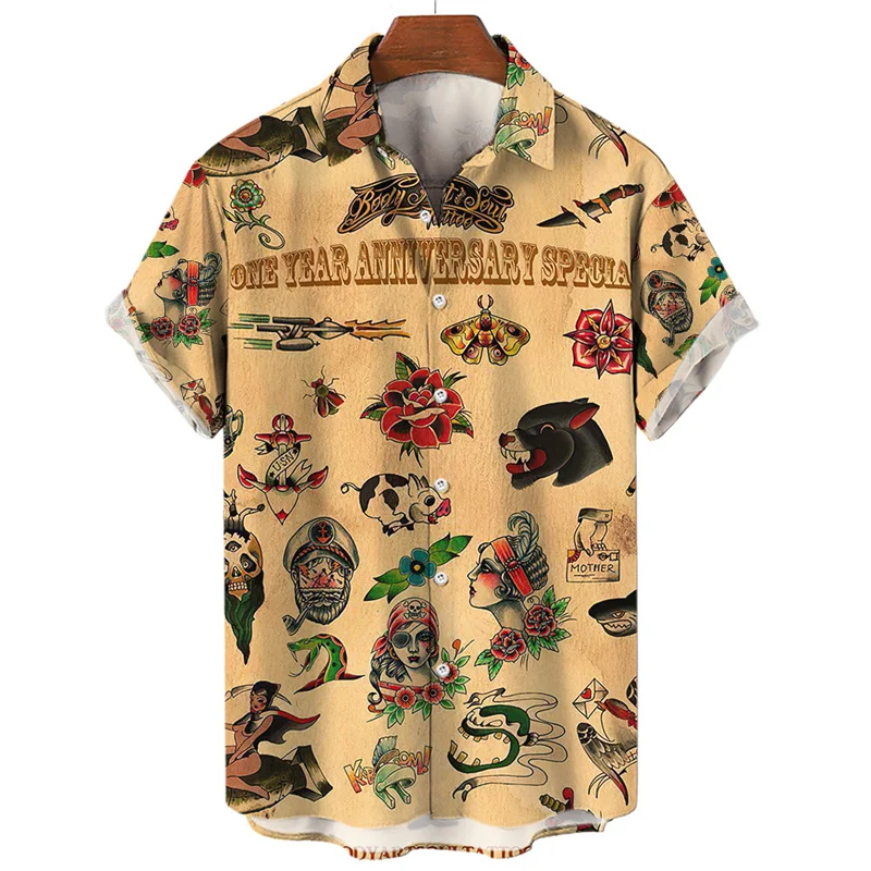 Men\'s Summer Floral Oversized Hawaiian Short Sleeve Shirt Y2k Casual Goth Custom Human Elements Street Style Original Clothing